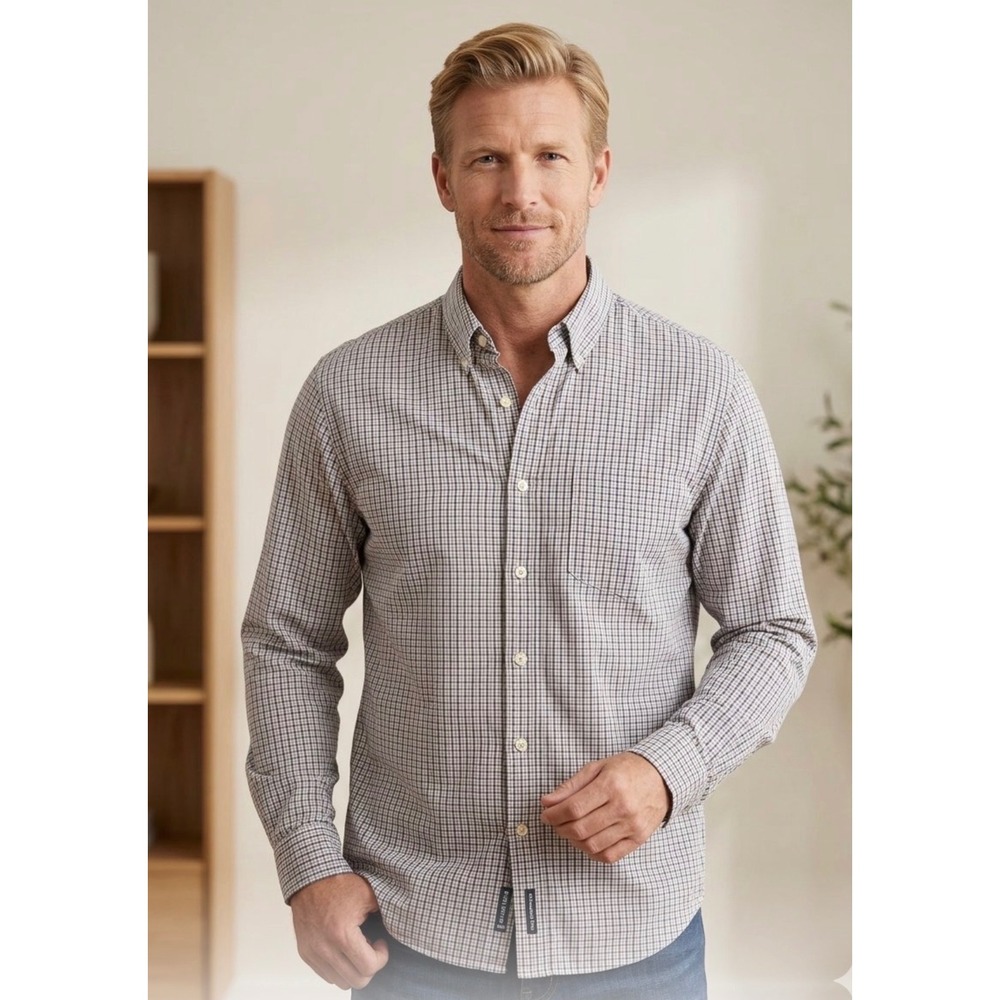 Abercrombie & Fitch Mens XL Blue Tan Micro Check Button Down Cotton Shirt